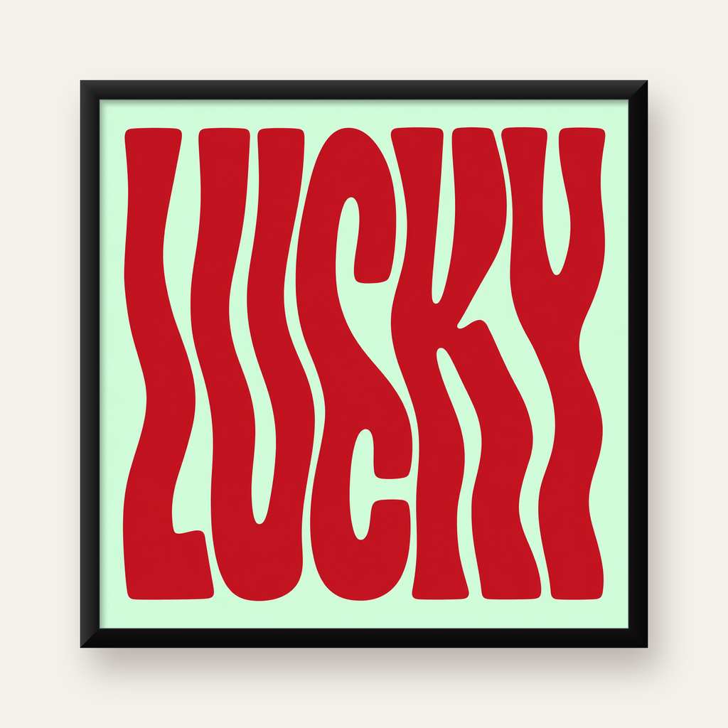 Modern Dalgalı Tipografi 'LUCKY' Kırmızı Poster — Kare baskı, düz siyah çerçeveli duvar posteri