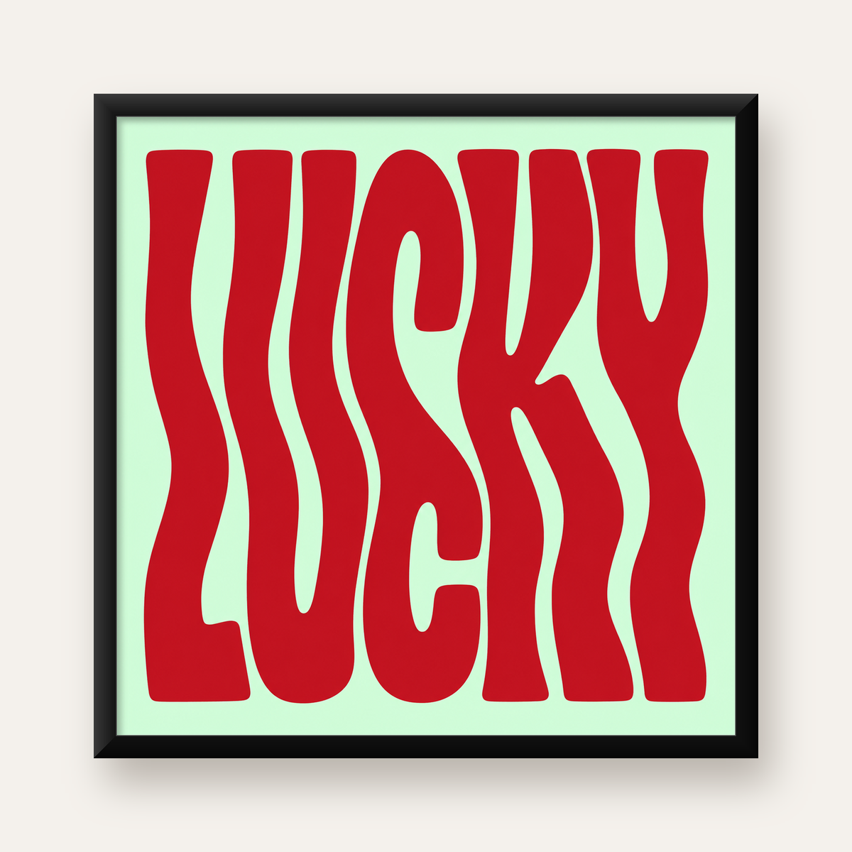 Modern Dalgalı Tipografi 'LUCKY' Kırmızı Poster — Kare baskı, düz siyah çerçeveli duvar posteri
