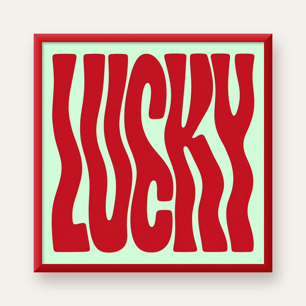 Modern Dalgalı Tipografi 'LUCKY' Kırmızı Poster — kırmızı çerçeveli
