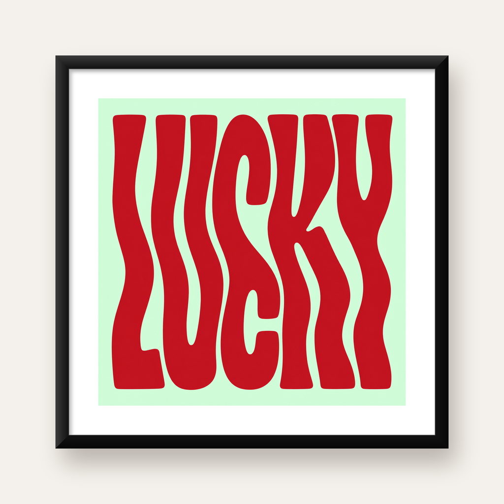 Modern Dalgalı Tipografi 'LUCKY' Kırmızı Poster — Kare baskı, beyaz paspartulu