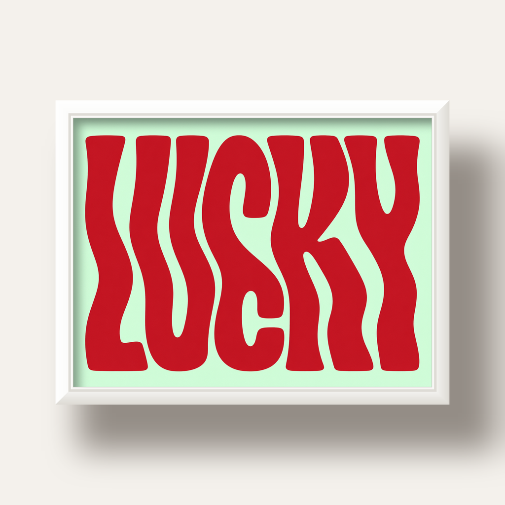 Modern Dalgalı Tipografi 'LUCKY' Kırmızı Poster — beyaz derin çerçeveli