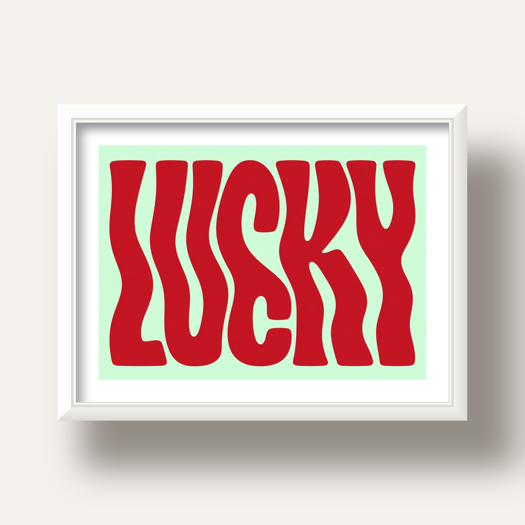 Modern Dalgalı Tipografi 'LUCKY' Kırmızı Poster — beyaz derin çerçeveli paspartulu