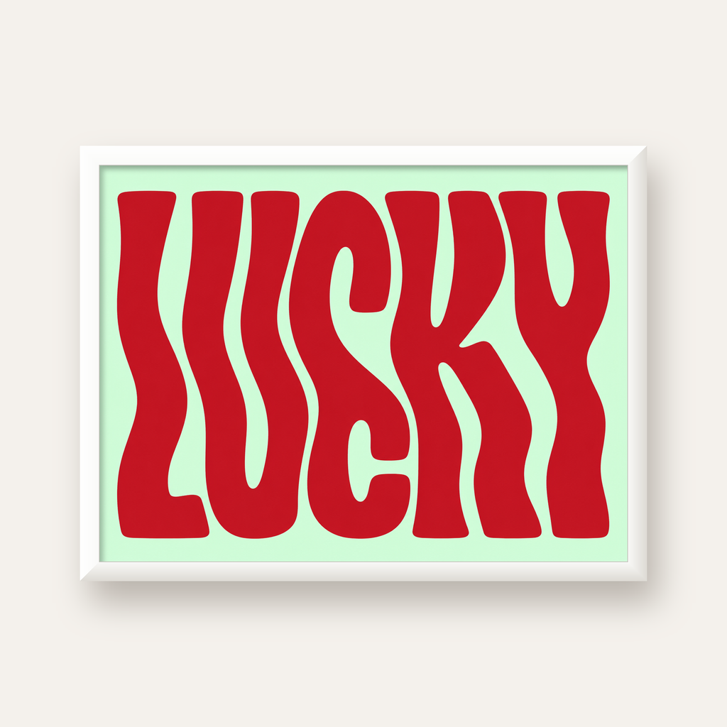 Modern Dalgalı Tipografi 'LUCKY' Kırmızı Poster — beyaz çerçeveli yatay poster