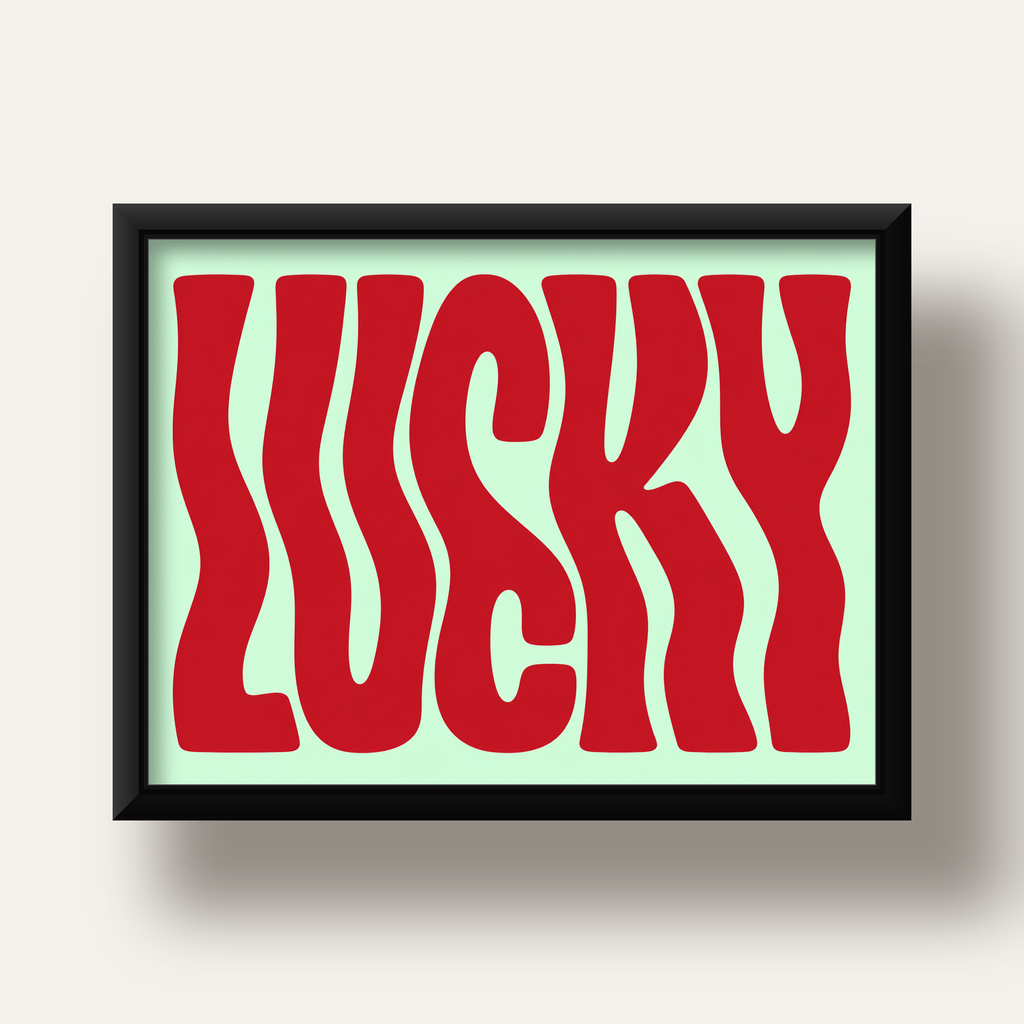 Modern Dalgalı Tipografi 'LUCKY' Kırmızı Poster — siyah derin çerçeveli