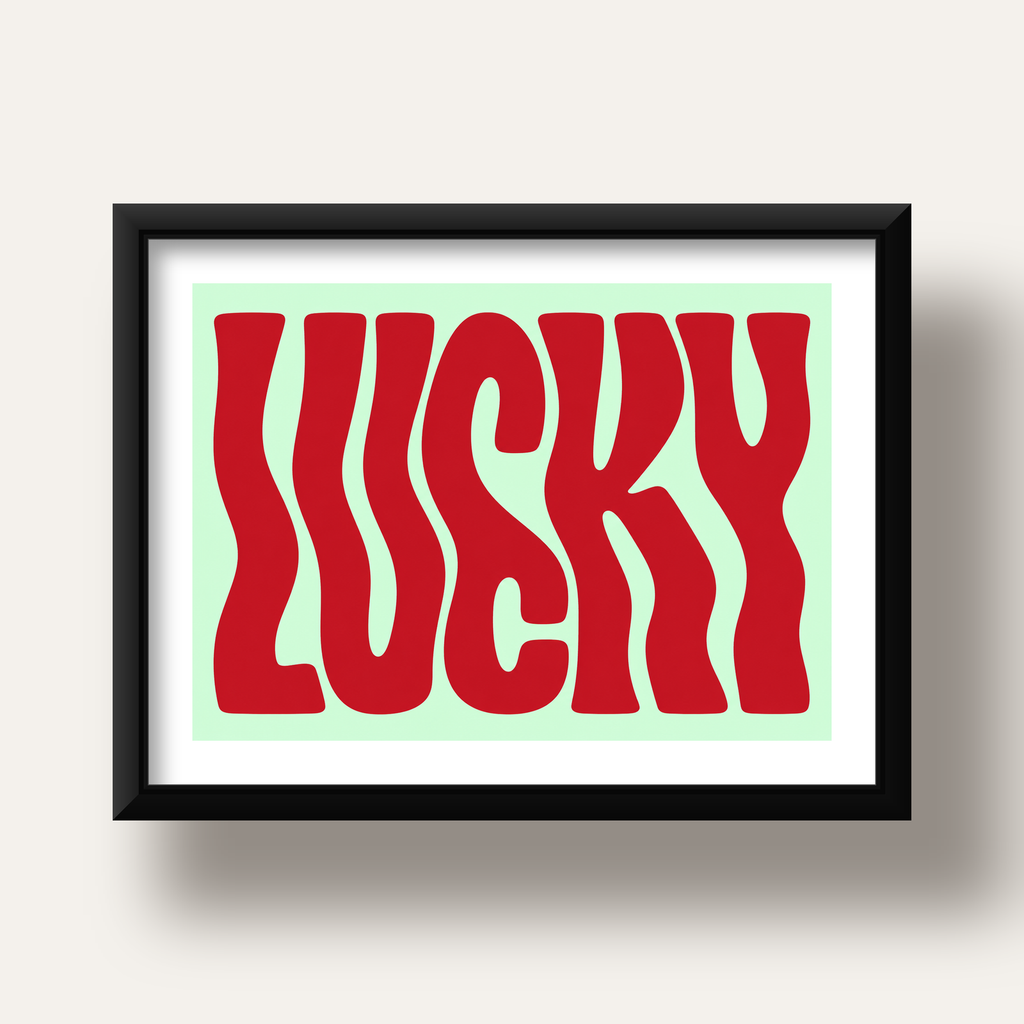 Modern Dalgalı Tipografi 'LUCKY' Kırmızı Poster — siyah derin çerçeveli paspartulu
