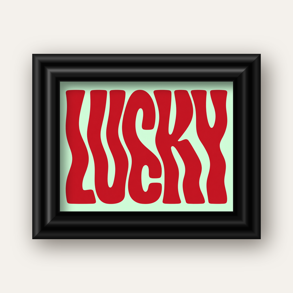 Modern Dalgalı Tipografi 'LUCKY' Kırmızı Poster — siyah galeri çerçeveli