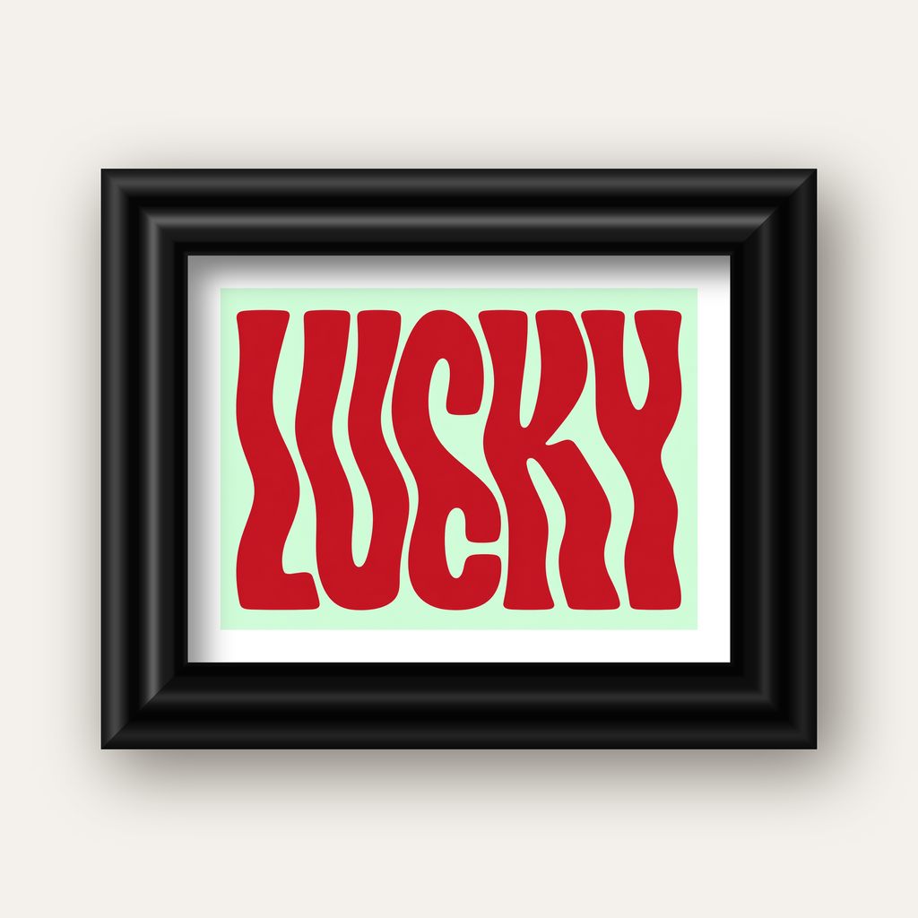 Modern Dalgalı Tipografi 'LUCKY' Kırmızı Poster — siyah galeri çerçeveli paspartulu
