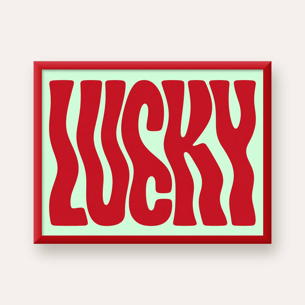 Modern Dalgalı Tipografi 'LUCKY' Kırmızı Poster — kırmızı çerçeveli