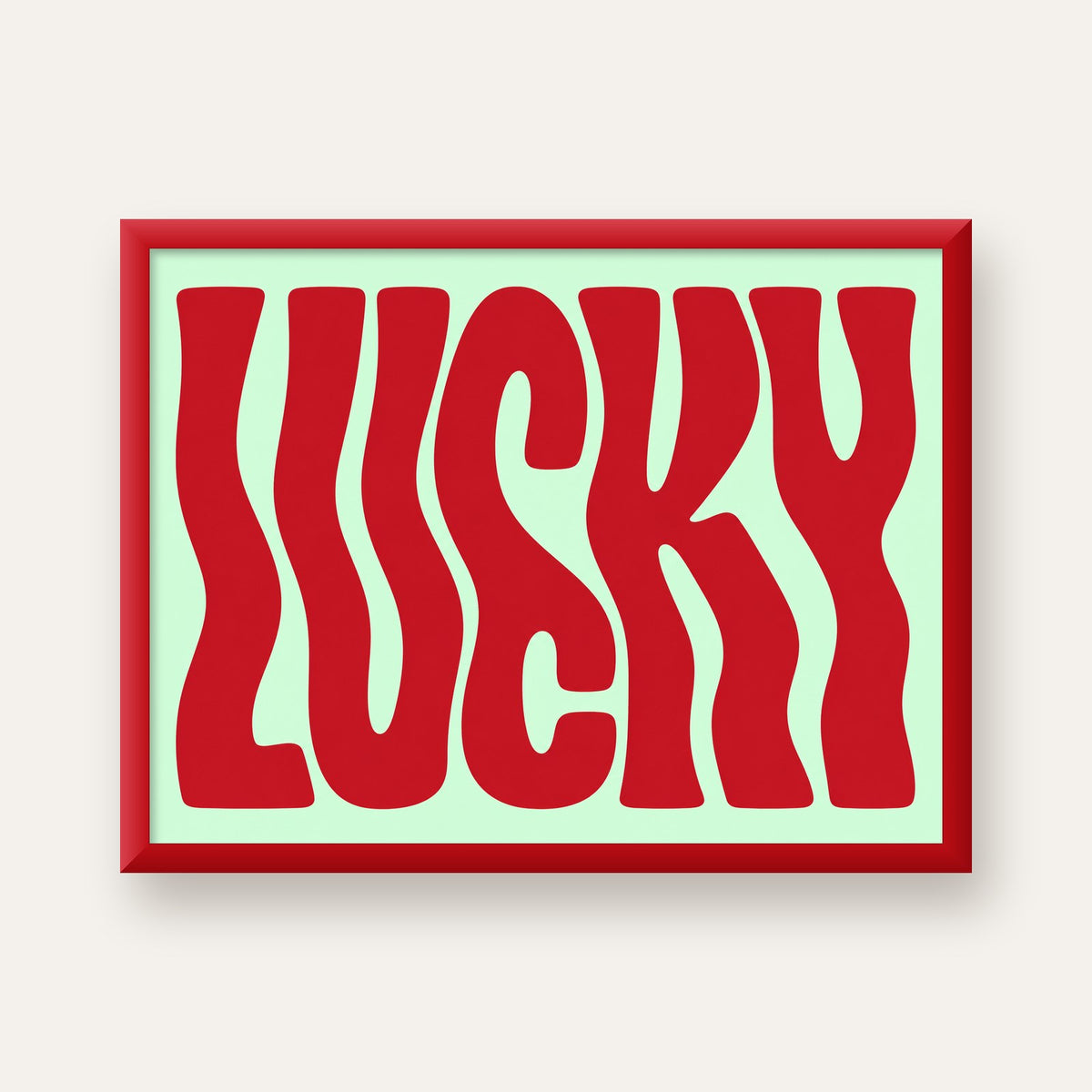 Modern Dalgalı Tipografi 'LUCKY' Kırmızı Poster — kırmızı çerçeveli