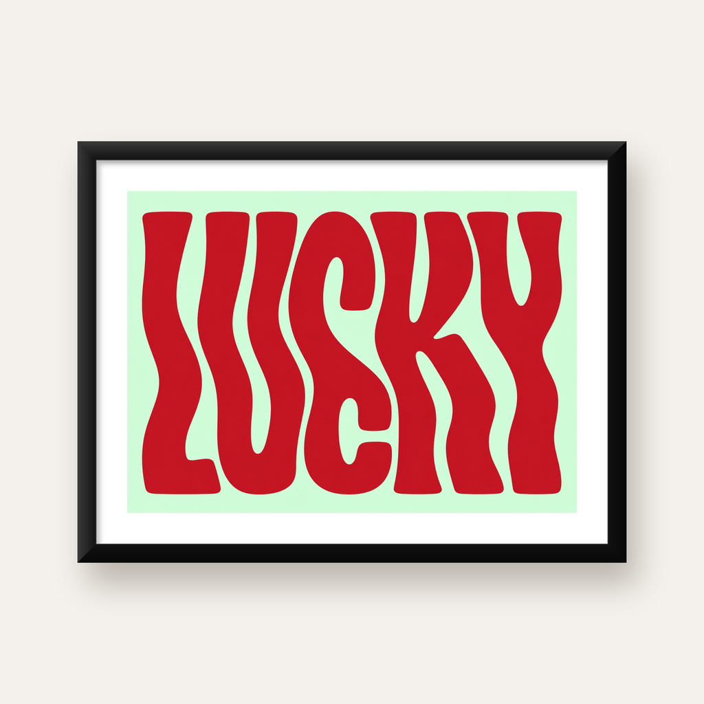 Modern Dalgalı Tipografi 'LUCKY' Kırmızı Poster — Yatay baskı, beyaz paspartulu