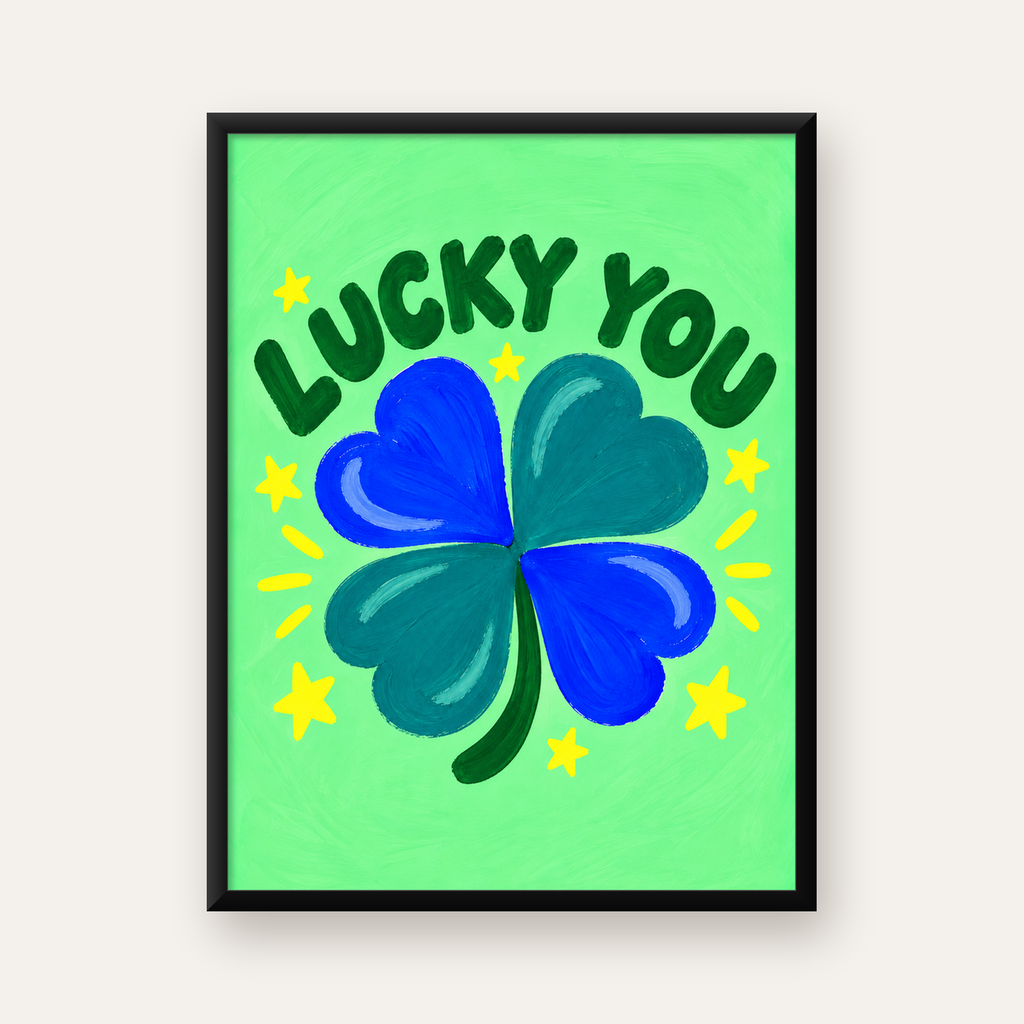 Dört Yapraklı Yonca & Lucky You Şans Poster Sanat Baskısı — Dikey baskı, düz siyah çerçeveli duvar posteri