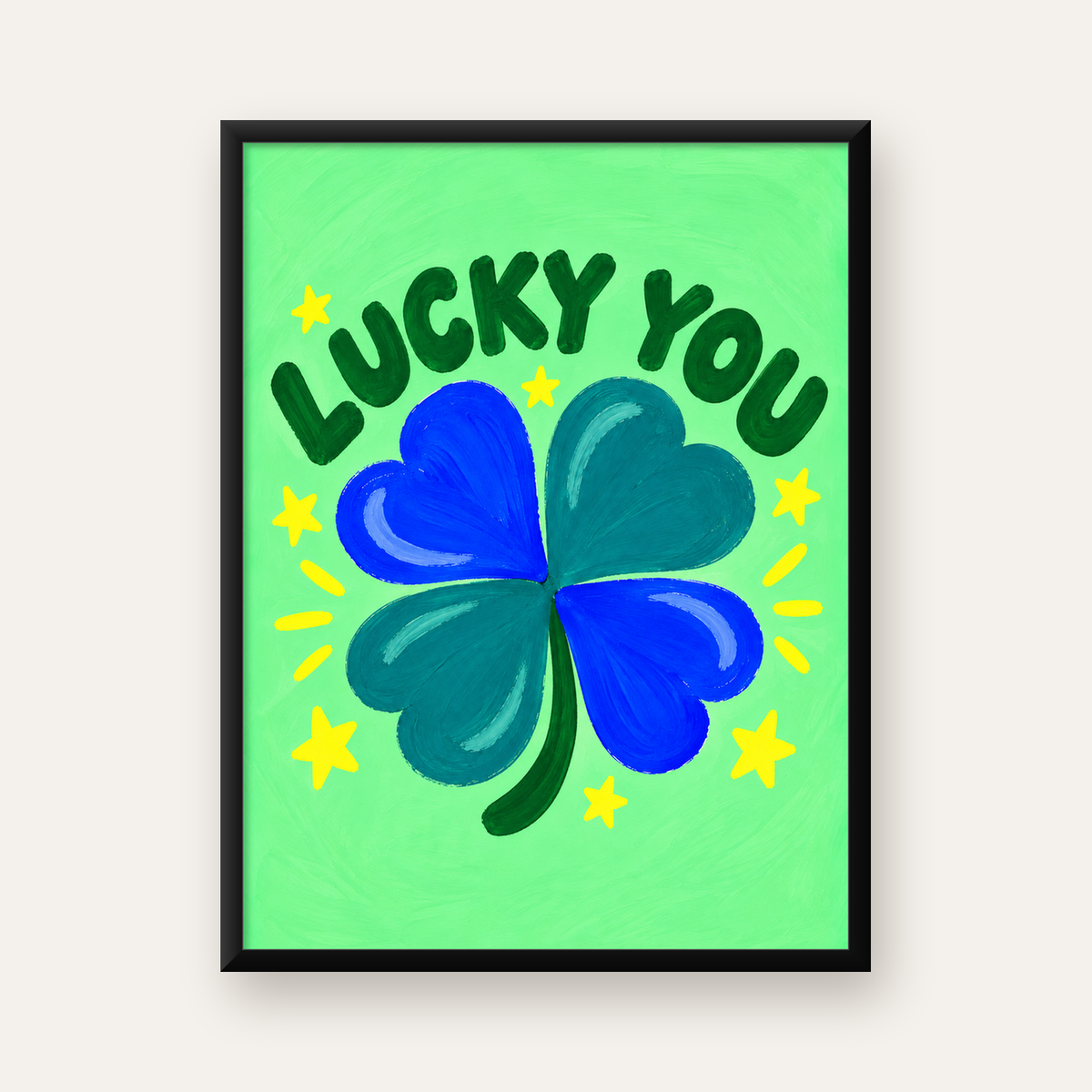 Dört Yapraklı Yonca & Lucky You Şans Poster Sanat Baskısı — Dikey baskı, düz siyah çerçeveli duvar posteri