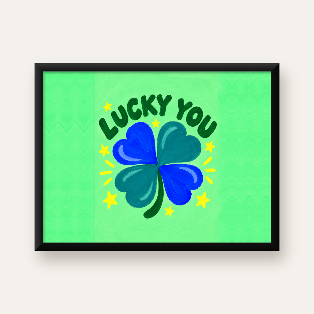 Dört Yapraklı Yonca & Lucky You Şans Poster Sanat Baskısı — Yatay baskı, düz siyah çerçeveli duvar posteri