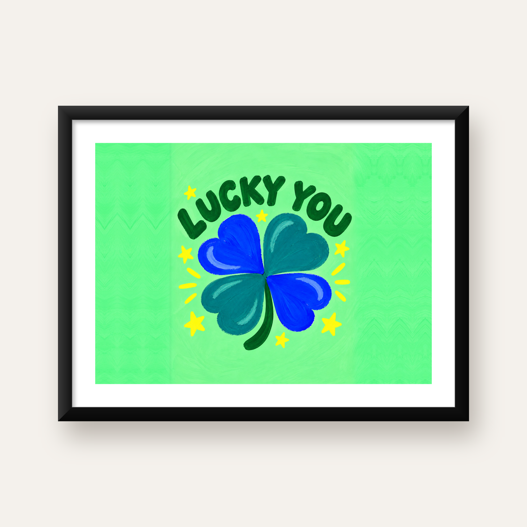 Dört Yapraklı Yonca & Lucky You Şans Poster Sanat Baskısı — Yatay baskı, beyaz kenar boşluklu