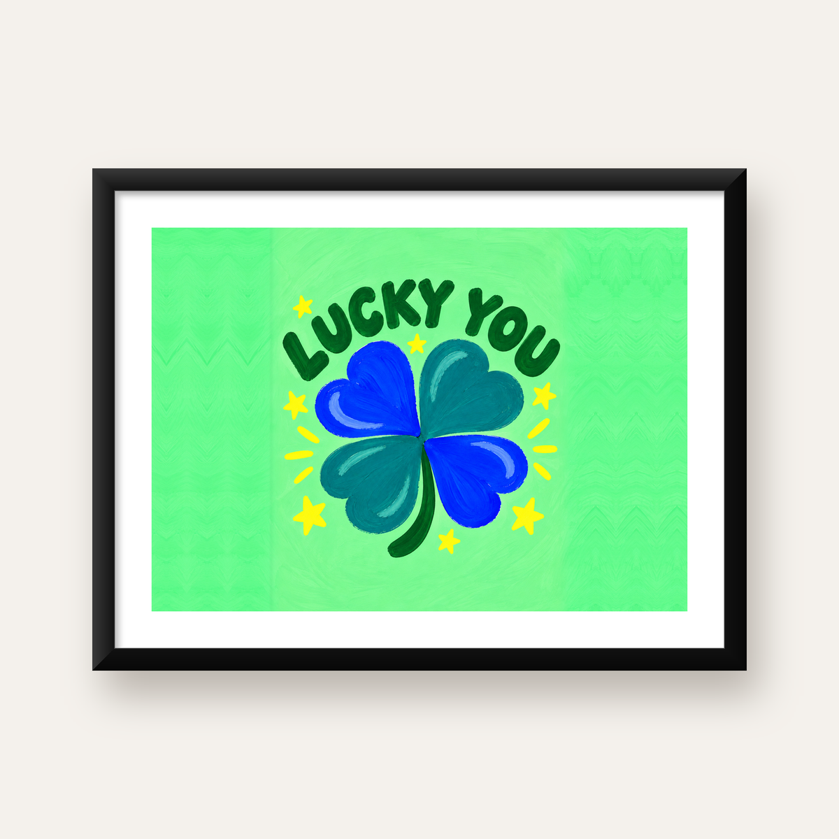 Dört Yapraklı Yonca & Lucky You Şans Poster Sanat Baskısı — Yatay baskı, beyaz kenar boşluklu