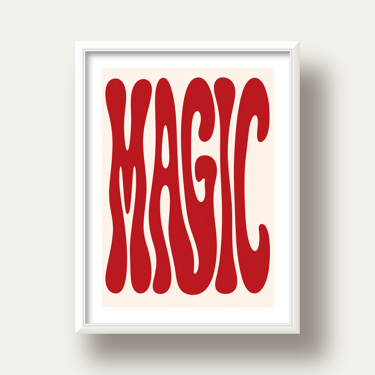 Retro Tipografi Magic Poster – Kırmızı Dalgalı Harfler Dekor — beyaz derin çerçeveli paspartulu