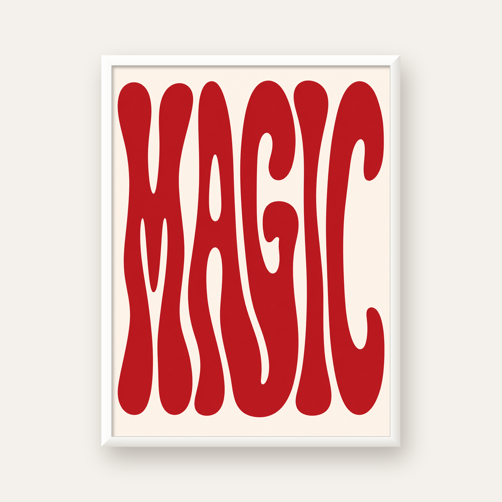 Retro Tipografi Magic Poster – Kırmızı Dalgalı Harfler Dekor — beyaz çerçeveli dikey poster