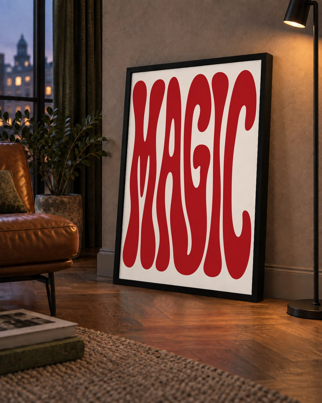 Retro Tipografi Magic Poster – Kırmızı Dalgalı Harfler Dekor — çerçeveli hâliyle bir ev duvarında