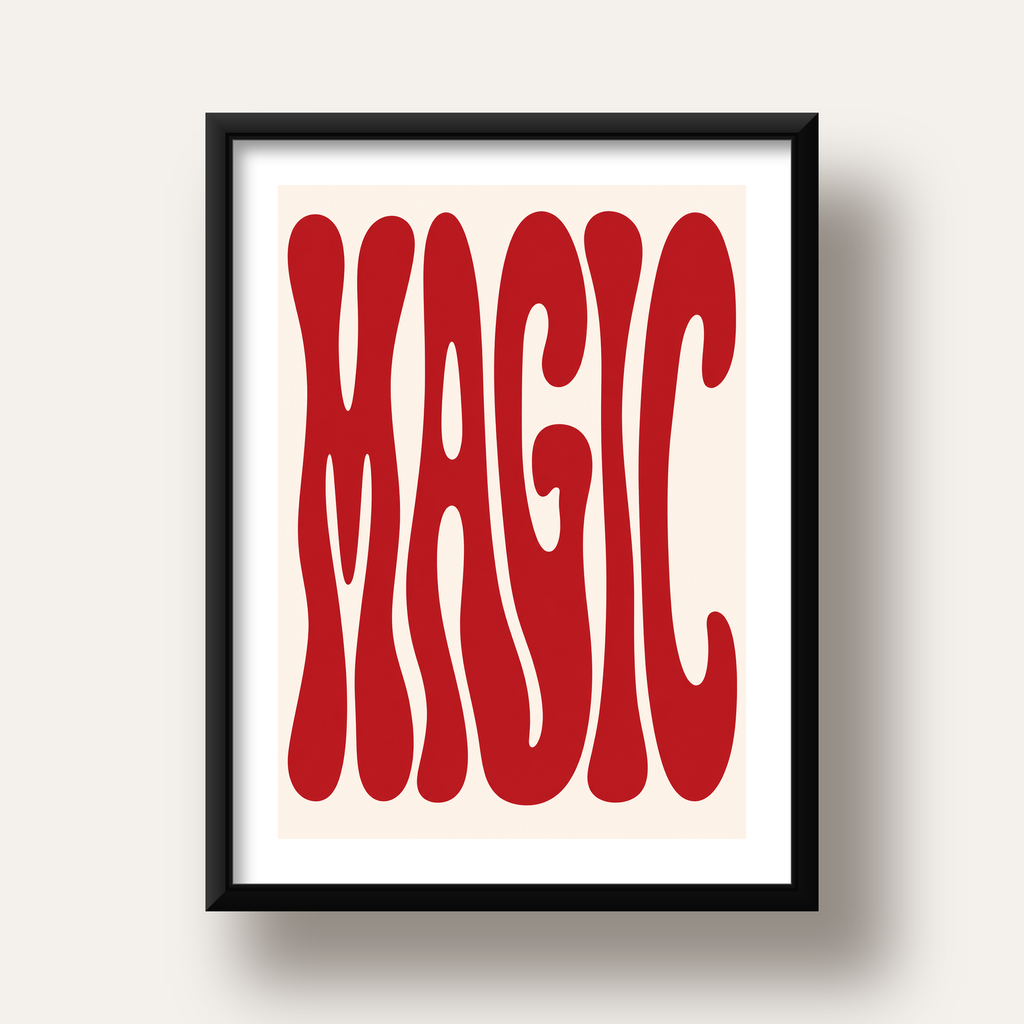 Retro Tipografi Magic Poster – Kırmızı Dalgalı Harfler Dekor — siyah derin çerçeveli paspartulu