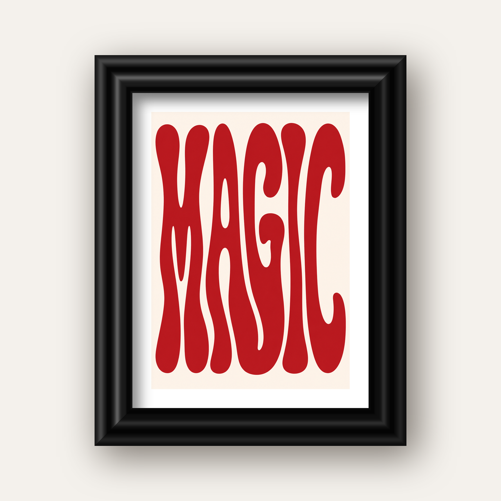 Retro Tipografi Magic Poster – Kırmızı Dalgalı Harfler Dekor — siyah galeri çerçeveli paspartulu