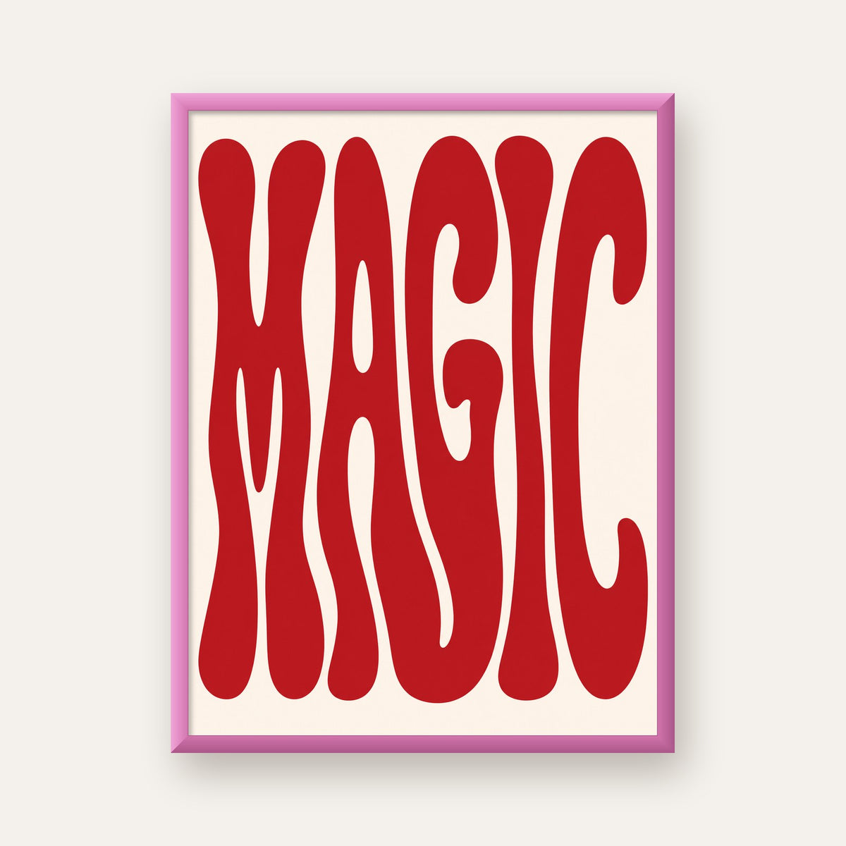 Retro Tipografi Magic Poster – Kırmızı Dalgalı Harfler Dekor — pembe çerçeveli