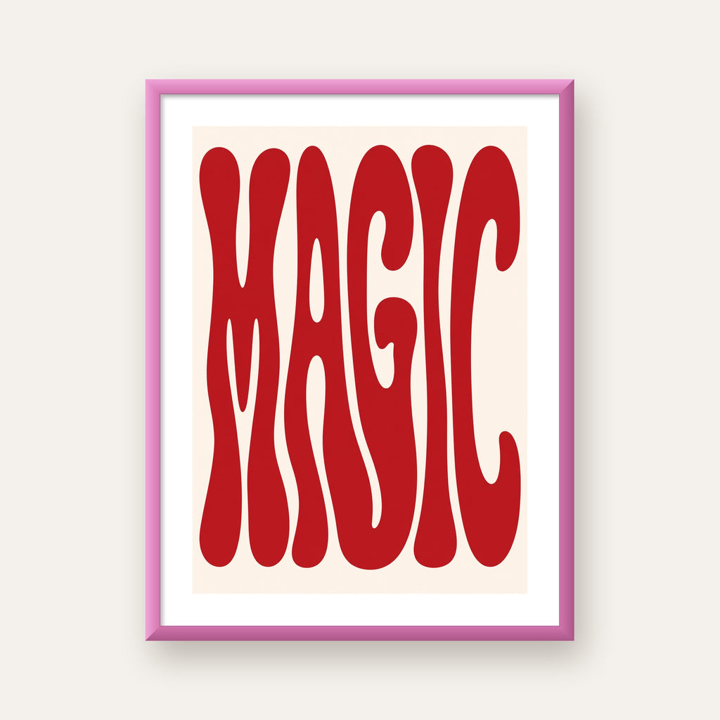 Retro Tipografi Magic Poster – Kırmızı Dalgalı Harfler Dekor — pembe çerçeveli paspartulu