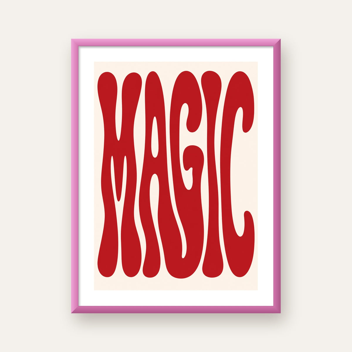 Retro Tipografi Magic Poster – Kırmızı Dalgalı Harfler Dekor — pembe çerçeveli paspartulu