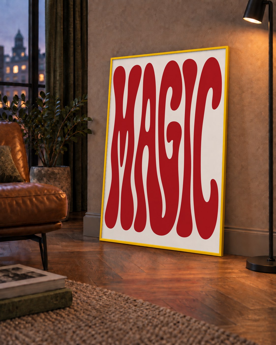 Retro Tipografi Magic Poster – Kırmızı Dalgalı Harfler Dekor — çerçeveli hâliyle bir ev duvarında