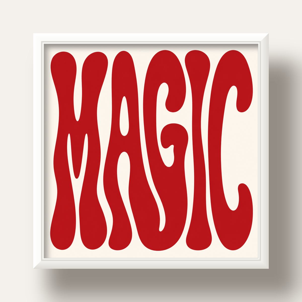 Retro Tipografi Magic Poster – Kırmızı Dalgalı Harfler Dekor — beyaz derin çerçeveli