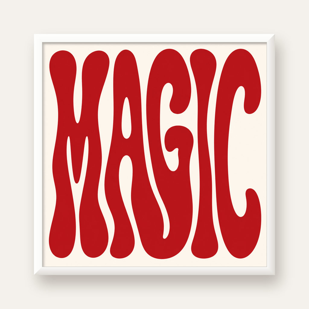 Retro Tipografi Magic Poster – Kırmızı Dalgalı Harfler Dekor — beyaz çerçeveli kare poster
