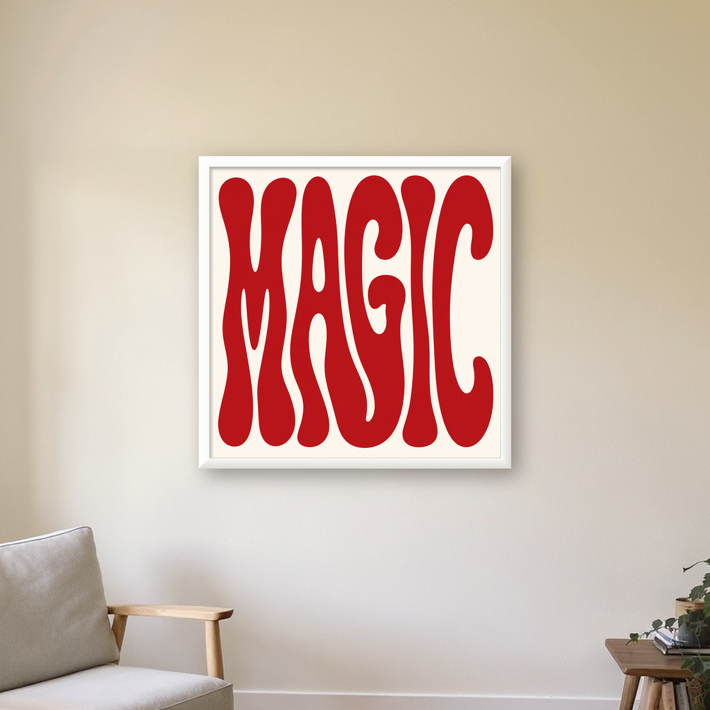 Retro Tipografi Magic Poster – Kırmızı Dalgalı Harfler Dekor — beyaz çerçeveli kare poster