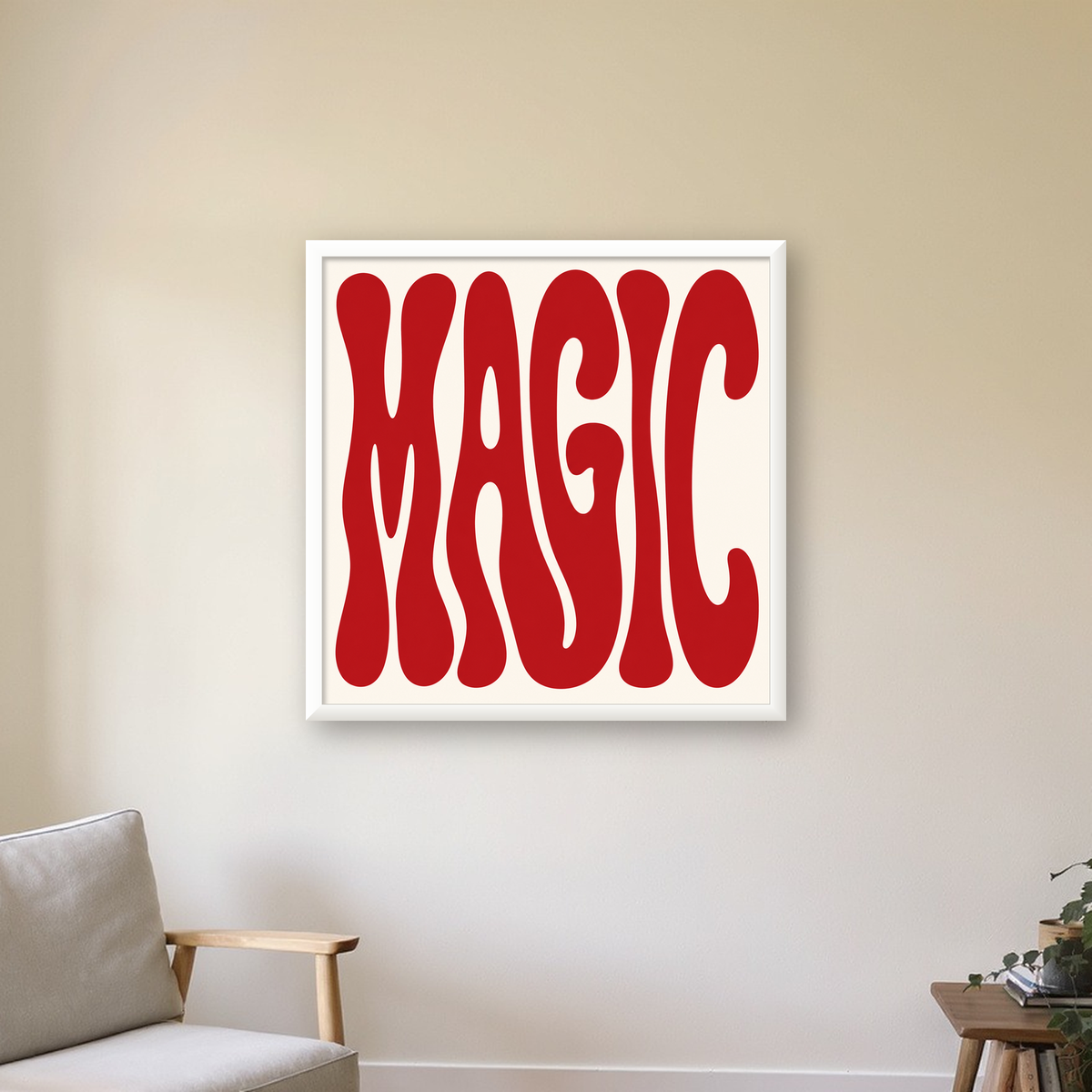 Retro Tipografi Magic Poster – Kırmızı Dalgalı Harfler Dekor — beyaz çerçeveli kare poster