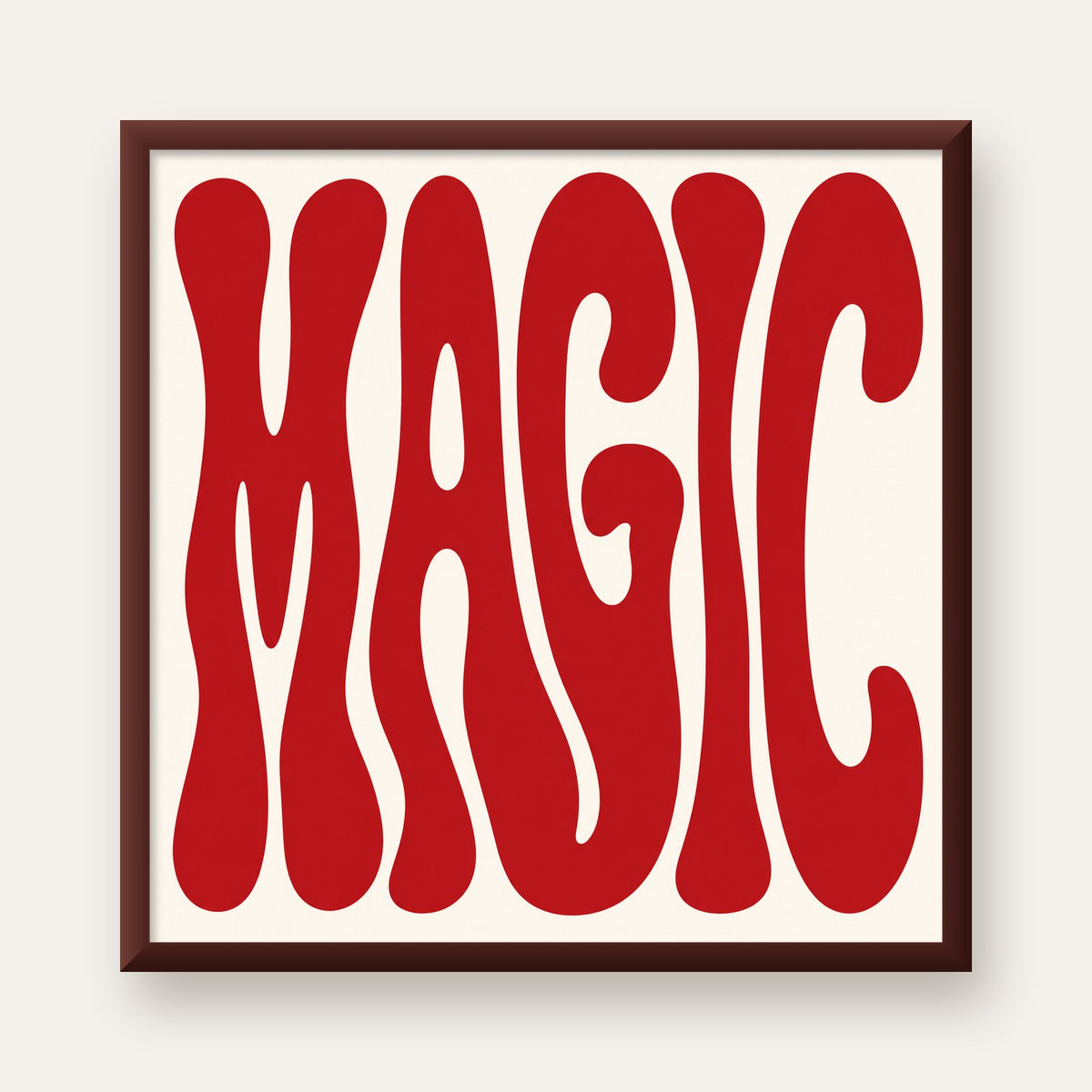 Retro Tipografi Magic Poster – Kırmızı Dalgalı Harfler Dekor — ceviz çerçeveli