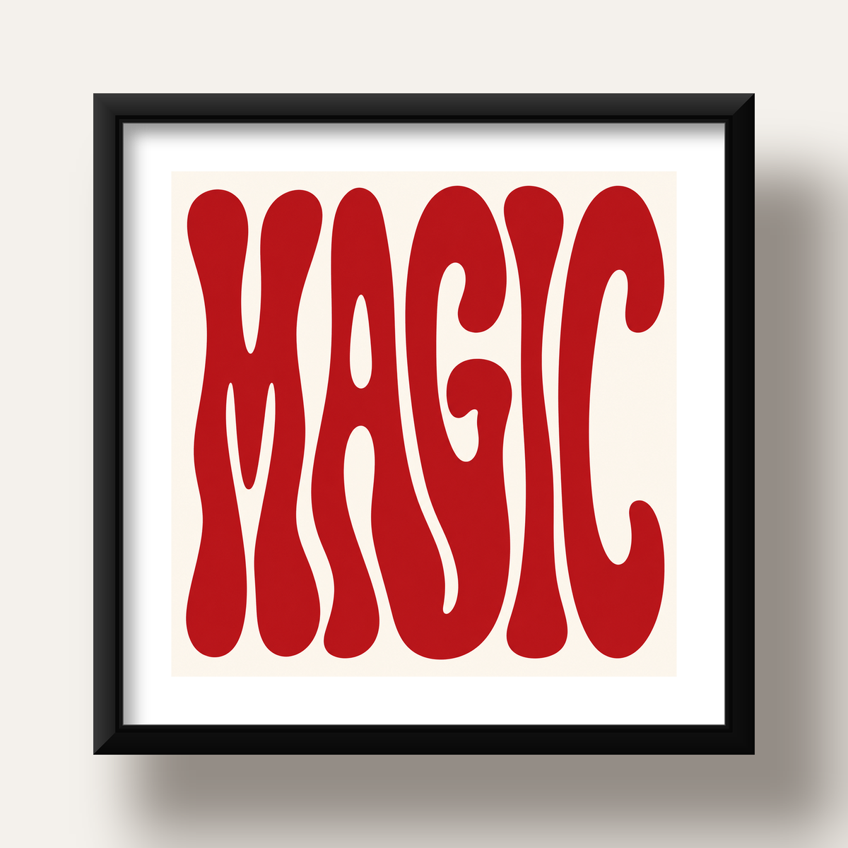 Retro Tipografi Magic Poster – Kırmızı Dalgalı Harfler Dekor — siyah derin çerçeveli paspartulu