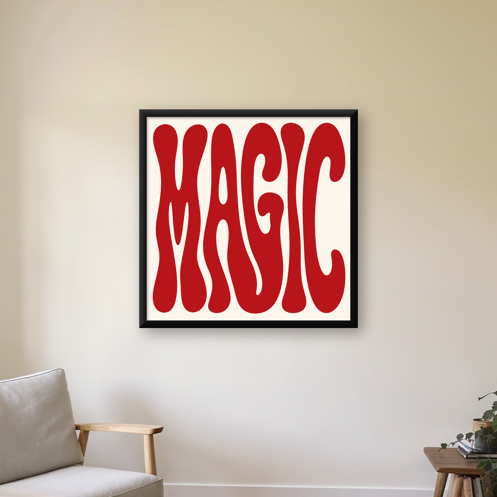 Retro Tipografi Magic Poster – Kırmızı Dalgalı Harfler Dekor — Kare baskı, çerçeveli hâliyle bir ev duvarında