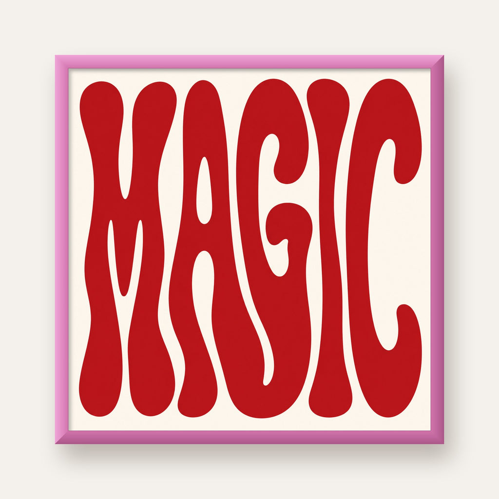 Retro Tipografi Magic Poster – Kırmızı Dalgalı Harfler Dekor — pembe çerçeveli