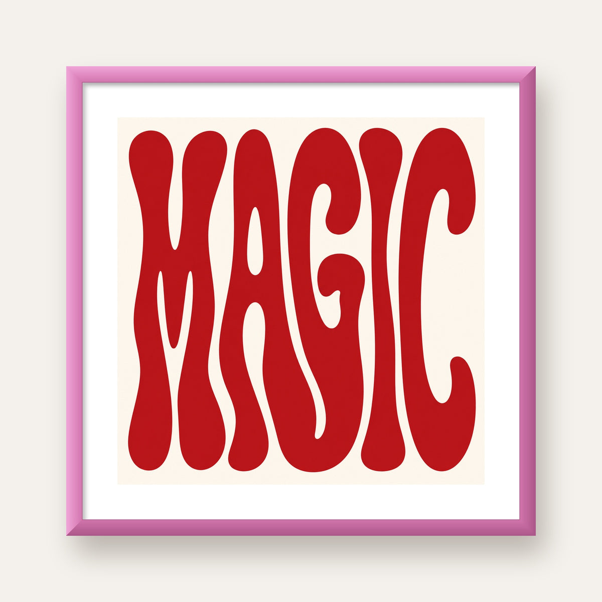 Retro Tipografi Magic Poster – Kırmızı Dalgalı Harfler Dekor — pembe çerçeveli paspartulu