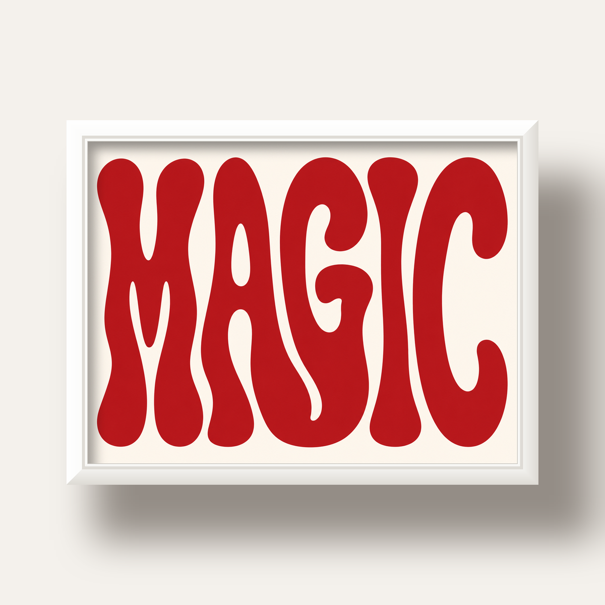 Retro Tipografi Magic Poster – Kırmızı Dalgalı Harfler Dekor — beyaz derin çerçeveli