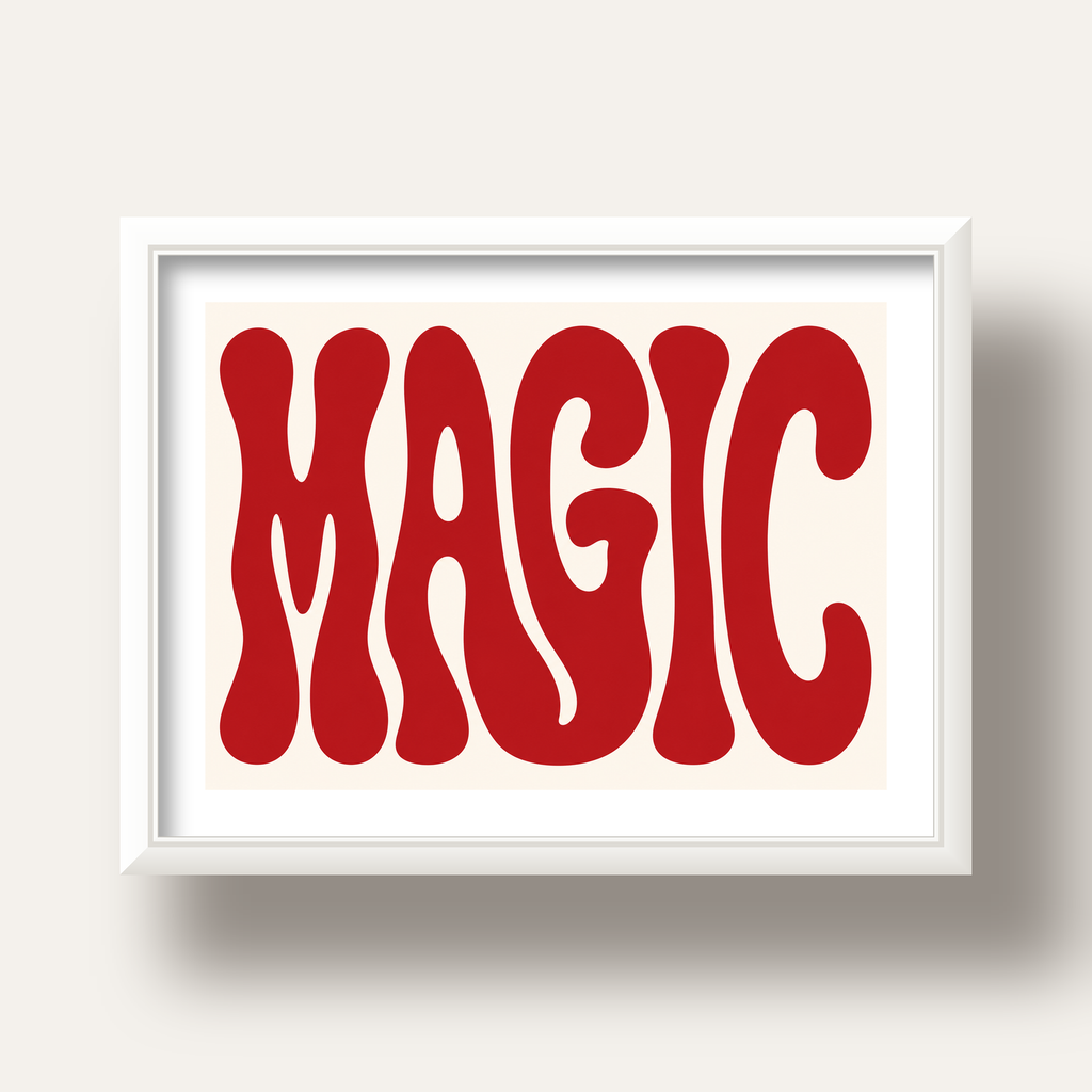 Retro Tipografi Magic Poster – Kırmızı Dalgalı Harfler Dekor — beyaz derin çerçeveli paspartulu