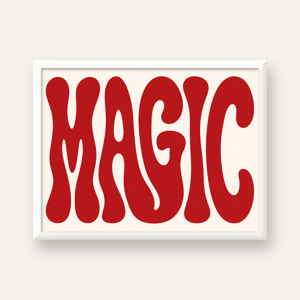 Retro Tipografi Magic Poster – Kırmızı Dalgalı Harfler Dekor — beyaz çerçeveli yatay poster