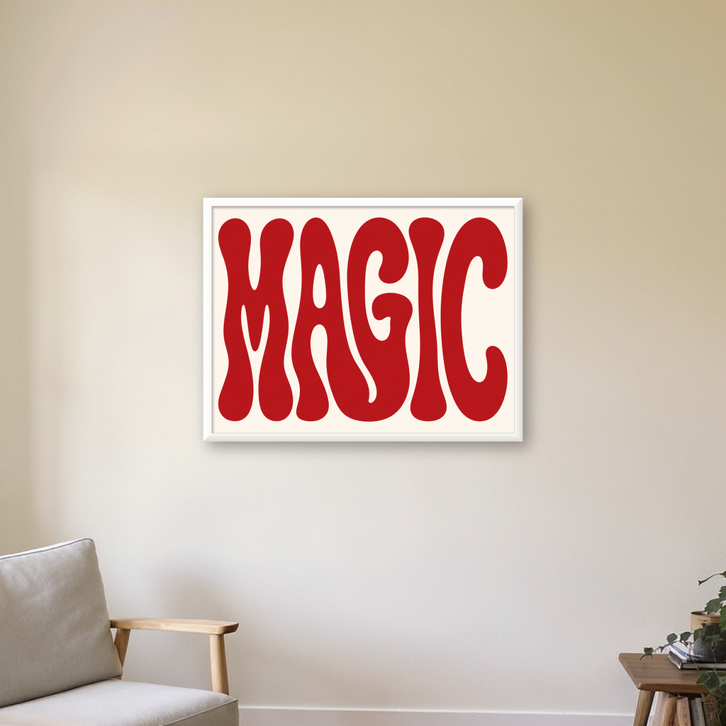 Retro Tipografi Magic Poster – Kırmızı Dalgalı Harfler Dekor — beyaz çerçeveli yatay poster