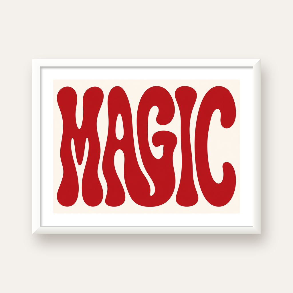 Retro Tipografi Magic Poster – Kırmızı Dalgalı Harfler Dekor — beyaz çerçeveli yatay poster