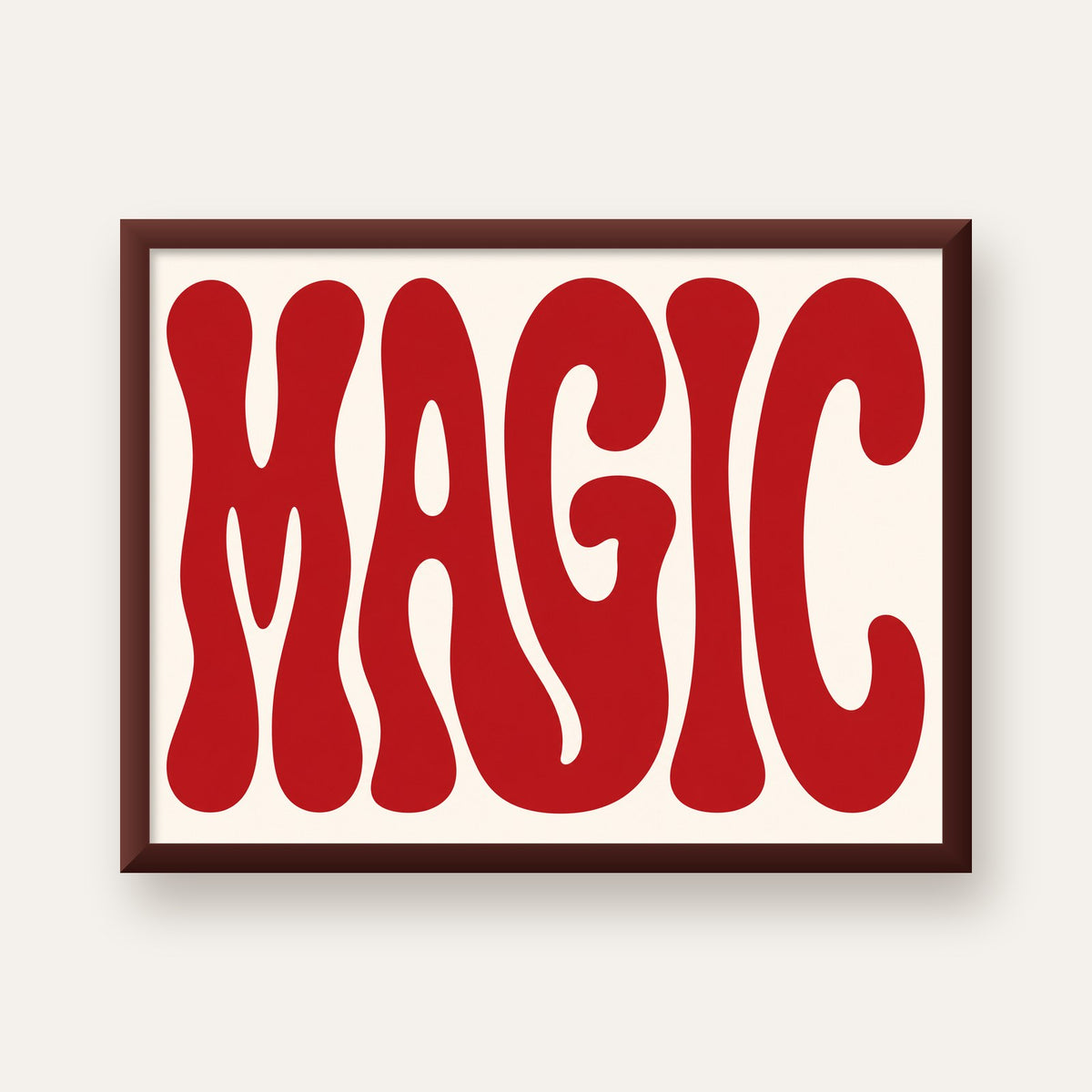 Retro Tipografi Magic Poster – Kırmızı Dalgalı Harfler Dekor — ceviz çerçeveli