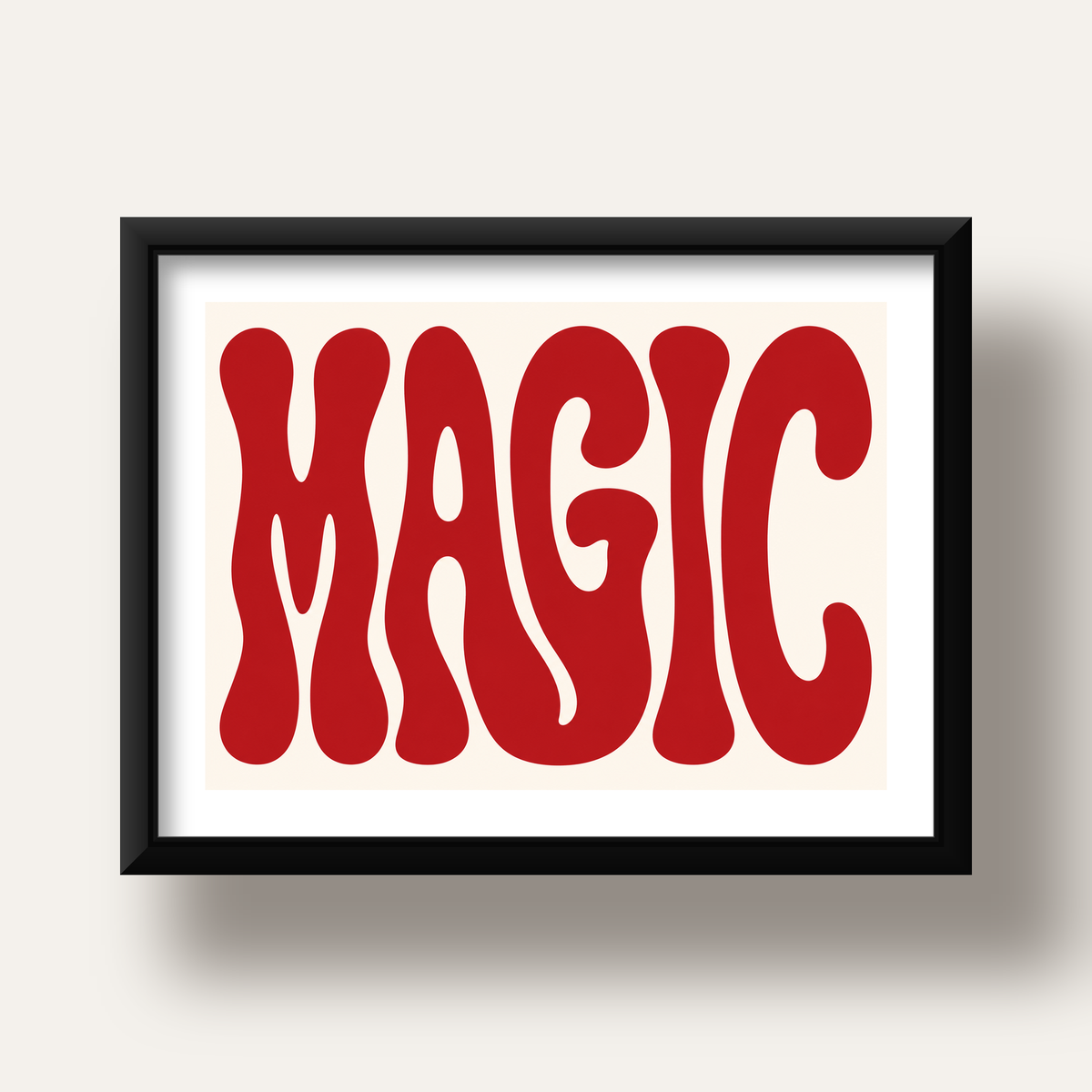 Retro Tipografi Magic Poster – Kırmızı Dalgalı Harfler Dekor — siyah derin çerçeveli paspartulu
