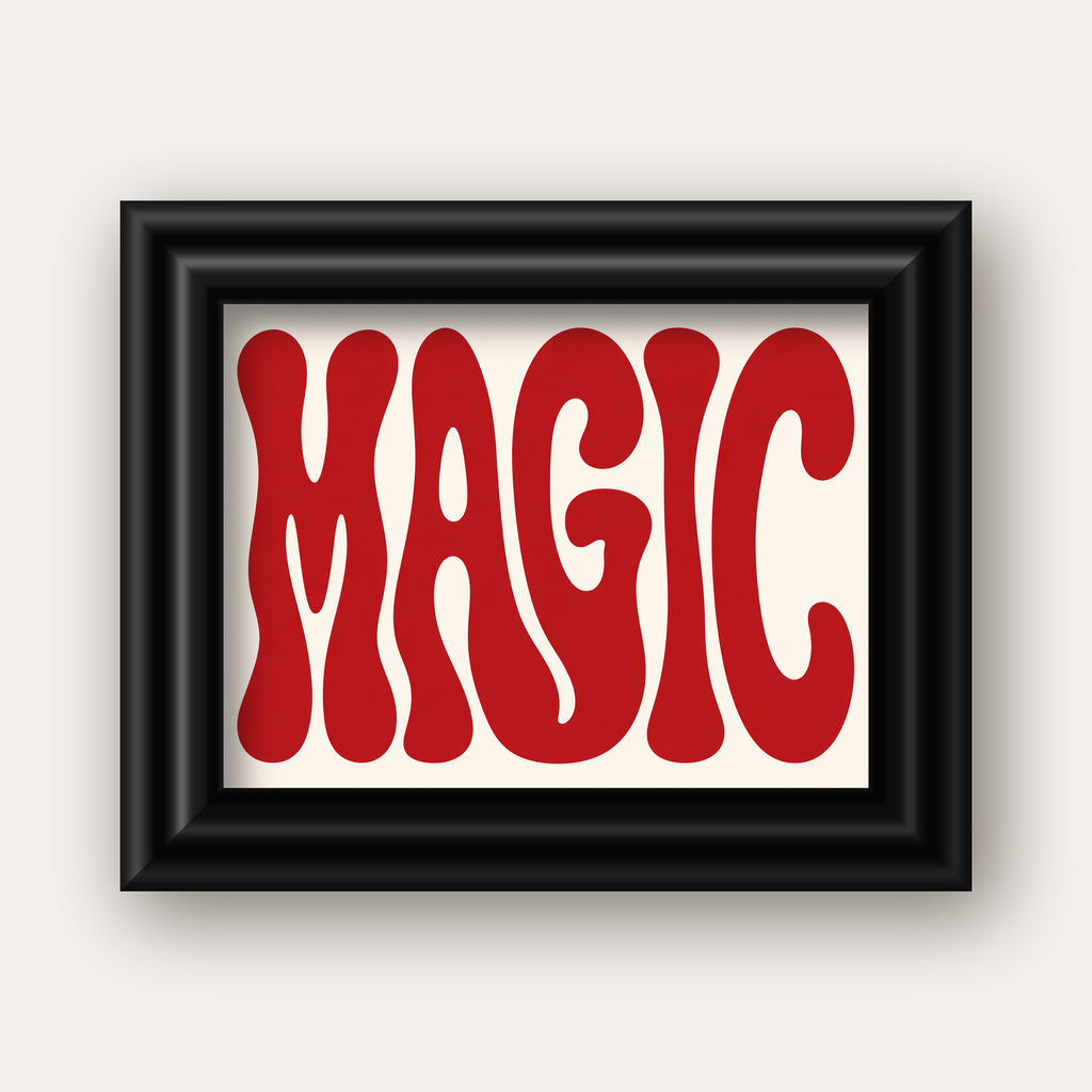 Retro Tipografi Magic Poster – Kırmızı Dalgalı Harfler Dekor — siyah galeri çerçeveli