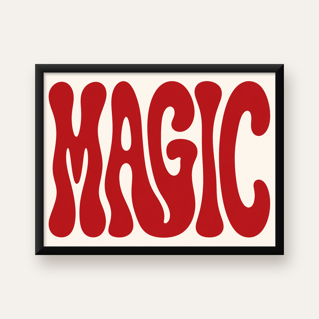 Retro Tipografi Magic Poster – Kırmızı Dalgalı Harfler Dekor — Yatay baskı, düz siyah çerçeveli duvar posteri