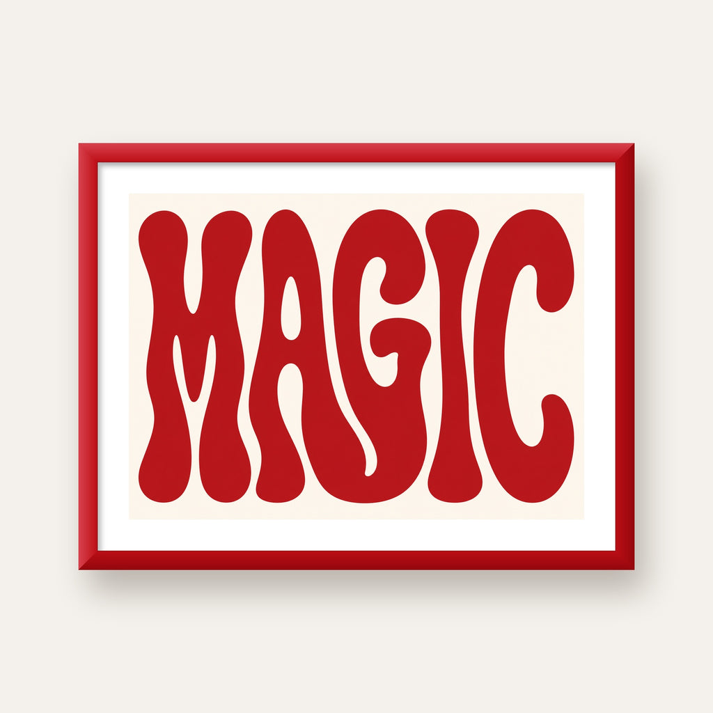 Retro Tipografi Magic Poster – Kırmızı Dalgalı Harfler Dekor — kırmızı çerçeveli paspartulu