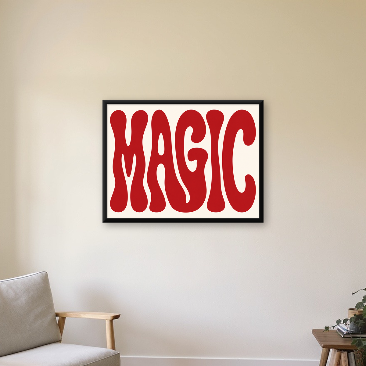 Retro Tipografi Magic Poster – Kırmızı Dalgalı Harfler Dekor — Yatay baskı, çerçeveli hâliyle bir ev duvarında