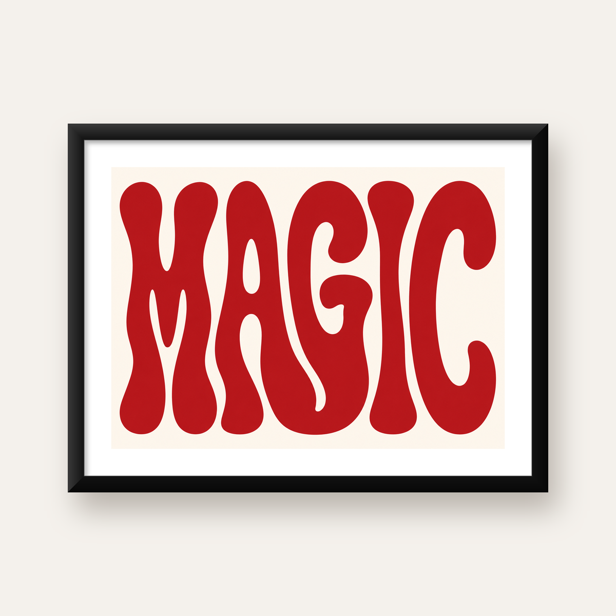 Retro Tipografi Magic Poster – Kırmızı Dalgalı Harfler Dekor — Yatay baskı, beyaz paspartulu