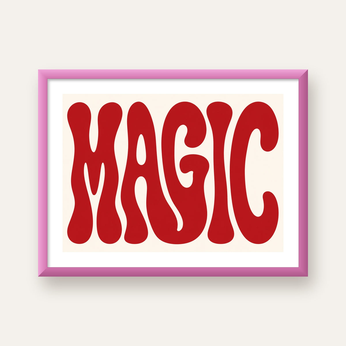 Retro Tipografi Magic Poster – Kırmızı Dalgalı Harfler Dekor — pembe çerçeveli paspartulu
